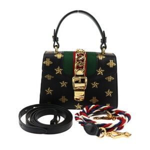 Mint New without tags Gucci Sylvie Black and Gold Bee and Stars 3 way Bag